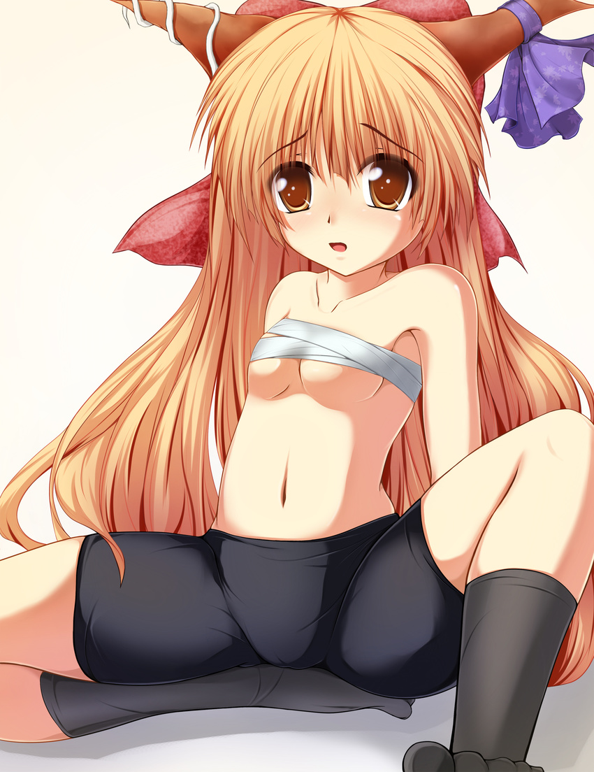 absurdres bike_shorts black_legwear bow breasts brown_eyes collarbone hair_bow highres horn_ribbon horns ibuki_suika long_hair nanase_nanami navel no_shirt orange_hair ribbon sarashi shorts sitting small_breasts socks solo spread_legs touhou very_long_hair