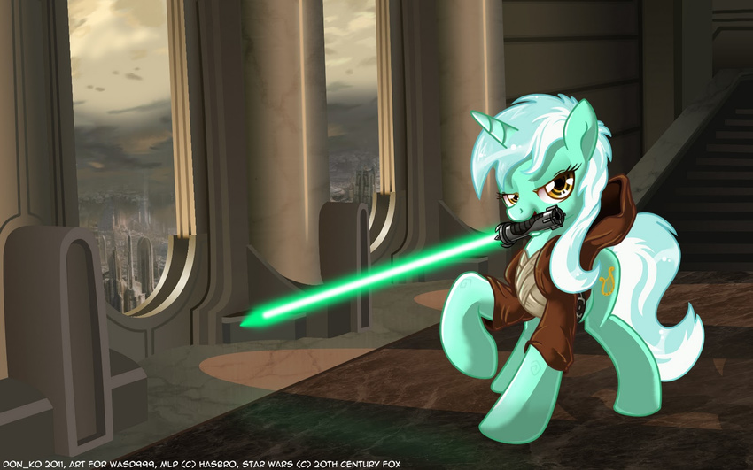 don_komandorr equine female feral friendship_is_magic green green_body horn horns horse jedi lightsaber lyra_(mlp) lyra_heartstrings_(mlp) mammal my_little_pony pony solo star_wars sword unicorn weapon yellow_eyes