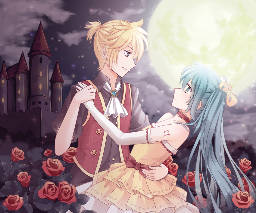 1girl arm_around_waist castle choker dress elbow_gloves flower full_moon gloves hair_ribbon hatsune_miku holding_hands kagamine_len long_hair moon night night_sky qinecat red_flower red_rose ribbon rose sky star_(sky) starry_sky strapless strapless_dress very_long_hair vest vocaloid