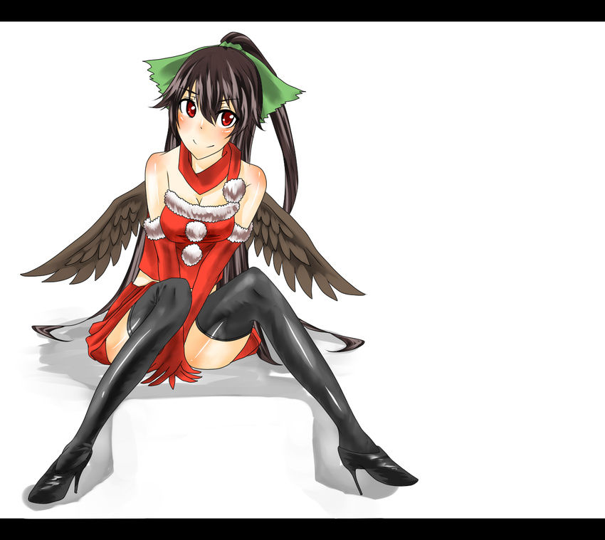 bad_id bad_pixiv_id black_hair black_wings bow christmas gloves green_bow hair_bow high_heels highres letterboxed long_hair red_eyes red_gloves reiuji_utsuho shoes sitting solo steelkonnyaku thighhighs touhou v_arms wings