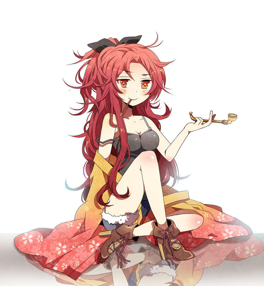alternate_costume ata_rime bare_legs bare_shoulders blush camisole error food full_body high_heels highres japanese_clothes kimono kiseru light long_hair mahou_shoujo_madoka_magica mouth_hold off_shoulder on_floor pipe pocky ponytail red_eyes red_hair reflection sakura_kyouko shoes shorts simple_background sitting smile solo