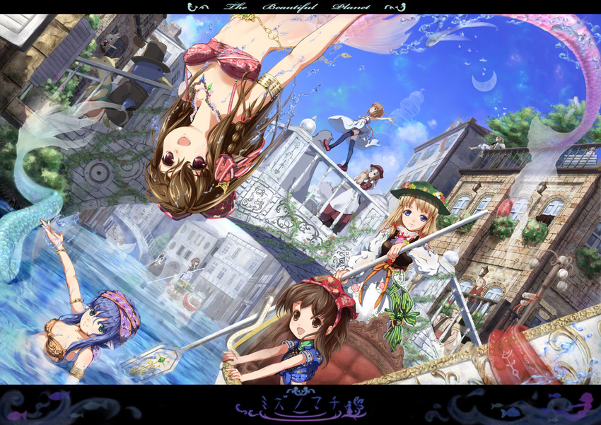 :d armlet bikini_top bracelet braid bridge building canal child crescent_moon day dress dutch_angle gondola hat head_scarf jewelry jumping long_tail looking_at_viewer mermaid miyai_haruki monster_girl moon multiple_girls oar open_mouth original outdoors partially_submerged plant road_sign rowing see-through side_braid sign sky smile tail thighhighs tower upside-down vines water zettai_ryouiki