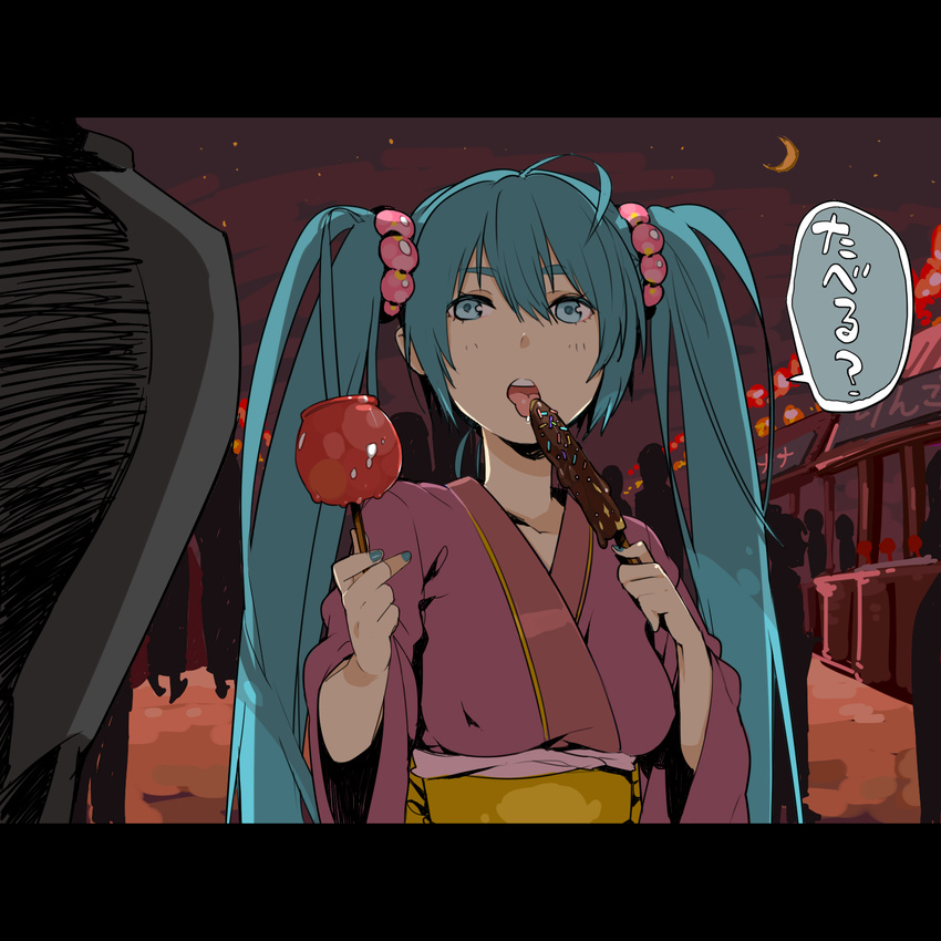 ahoge aqua_eyes aqua_hair bad_id bad_pixiv_id candy_apple chocolate_banana crescent_moon eating face festival food hair_bobbles hair_ornament hatsune_miku highres japanese_clothes kimono kurono_yuu letterboxed licking lights long_hair moon nail_polish night red_kimono sky solo star_(sky) starry_sky summer summer_festival tongue translated twintails very_long_hair vocaloid yukata