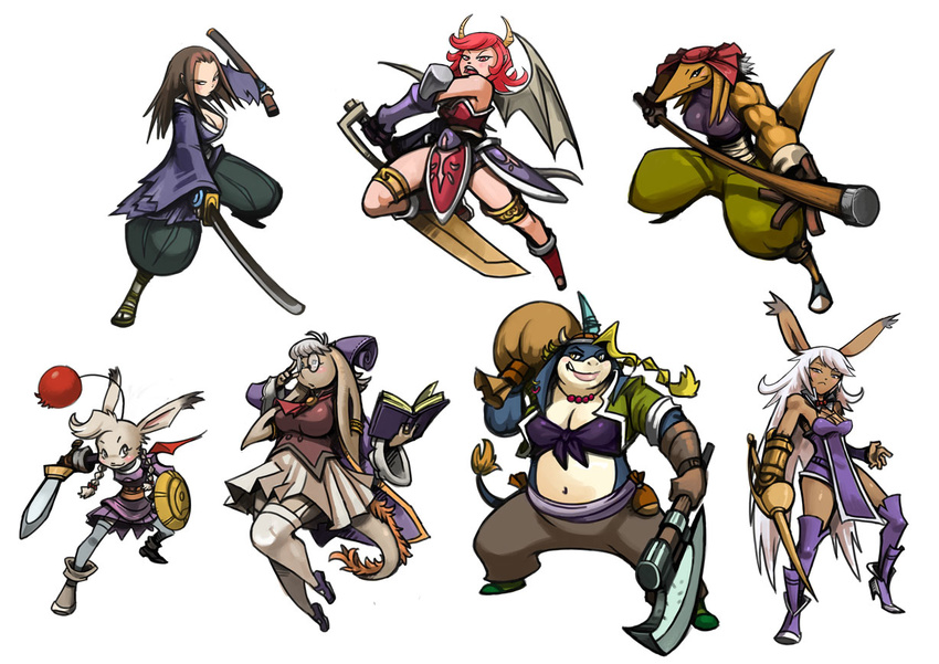 axe bangaa big_breasts bittenhard book breasts chubby ears female fighting_pole final_fantasy final_fantasy_tactics_advance gria horn horns hume moogle nu_mou overweight plain_background seeq skirt sword tail video_games viera weapon white_background wings