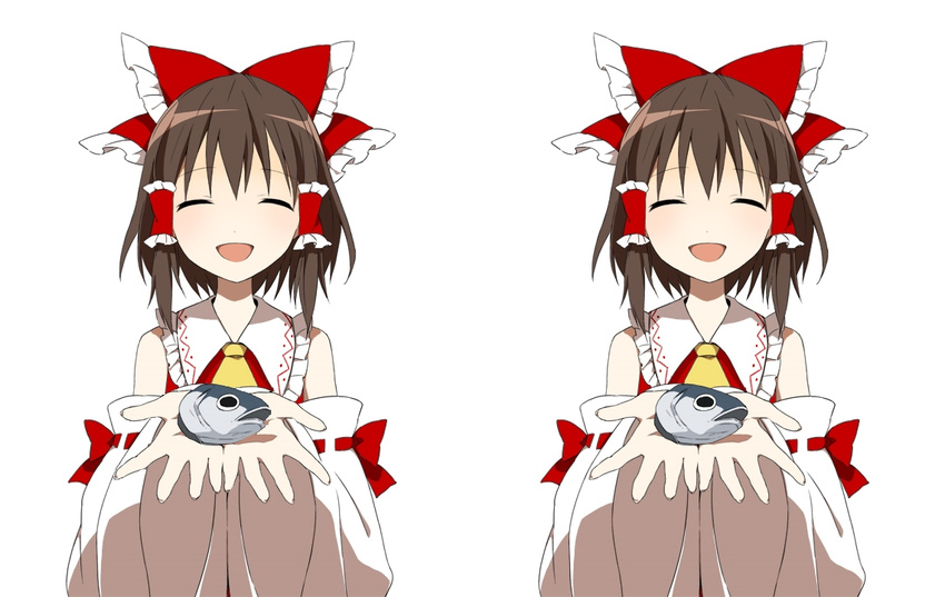 ascot bow brown_hair closed_eyes commentary detached_sleeves fish hair_bow hair_tubes hakurei_reimu rin_(royal) severed_head simple_background smile stereogram touhou