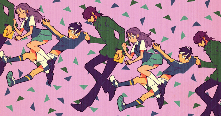 2boys bad_id bad_pixiv_id brown_hair father_and_daughter fudou_akio inazuma_eleven inazuma_eleven_(series) kudou_fuyuka kudou_michiya long_hair mohawk multiple_boys purple_eyes purple_hair school_uniform urako_(39g)