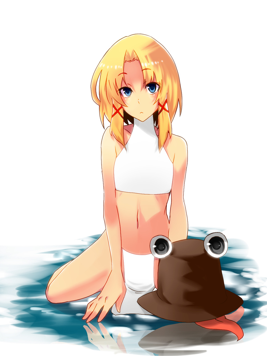 :&lt; bad_id bad_pixiv_id bare_shoulders bikini blonde_hair blue_eyes flat_chest fundoshi hat hat_removed headwear_removed highres japanese_clothes jont living_clothes moriya_suwako navel pyonta short_hair sitting sleeveless sleeveless_turtleneck solo sports_bikini spread_legs swimsuit tongue touhou turtleneck wariza water