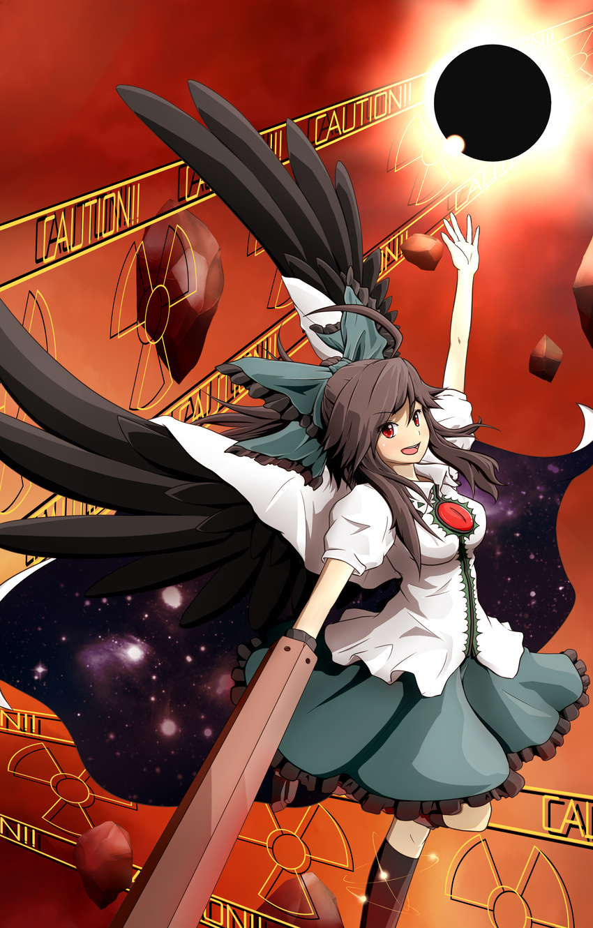 absurdres ahoge black_sun bow breasts brown_hair cape caution dress hair_bow highres large_breasts long_hair nogisaka_kushio pleated_skirt ponytail red_eyes reiuji_utsuho rock skirt smile solo sun touhou wings