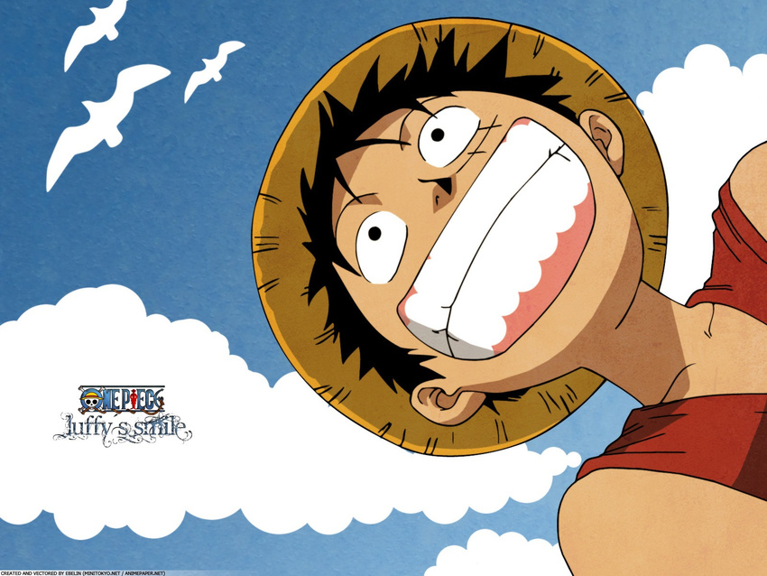 1boy bird black_hair blue_sky character_name copyright_name could hat highres male male_focus monkey_d_luffy one_piece red_vest scar sky smile solo straw_hat teeth title_drop vest wallpaper