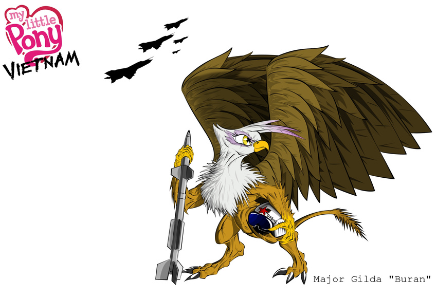 female friendship_is_magic gilda_(mlp) gryphon helmet jet missile missle my_little_pony plain_background solo two_tone_hair unknown_artist vietnam white_background wings