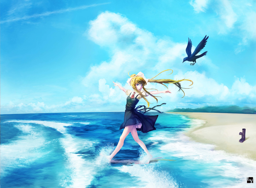 absurdres air barefoot beach bird black_footwear blonde_hair blue_eyes boots boots_removed bow cloud cross-laced_footwear crow day hair_bow highres kamio_misuzu knee_boots lace-up_boots landscape long_hair looking_back nanaya_(daaijianglin) ocean outdoors outstretched_arms ponytail school_uniform shoes_removed skirt sky smile solo sora_(air) spread_arms wading water