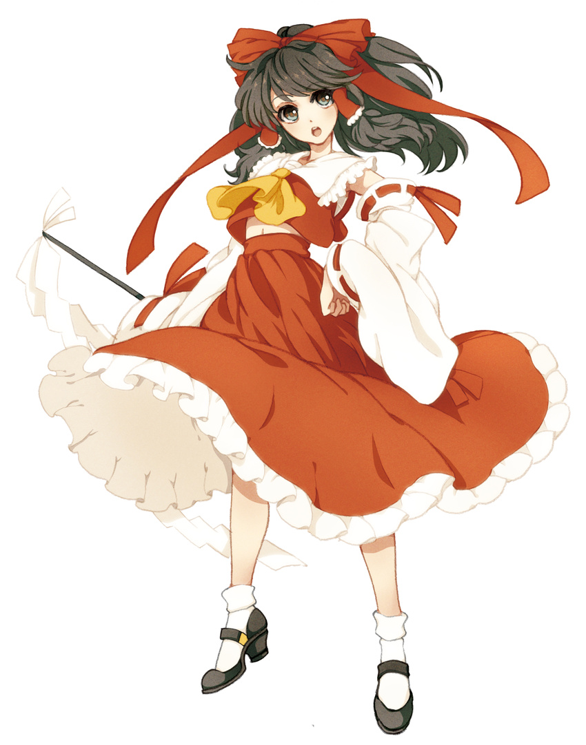 absurdres bow brown_eyes brown_hair detached_sleeves dress gohei hair_bow hakurei_reimu highres kyachi mary_janes midriff navel shoes solo standing touhou