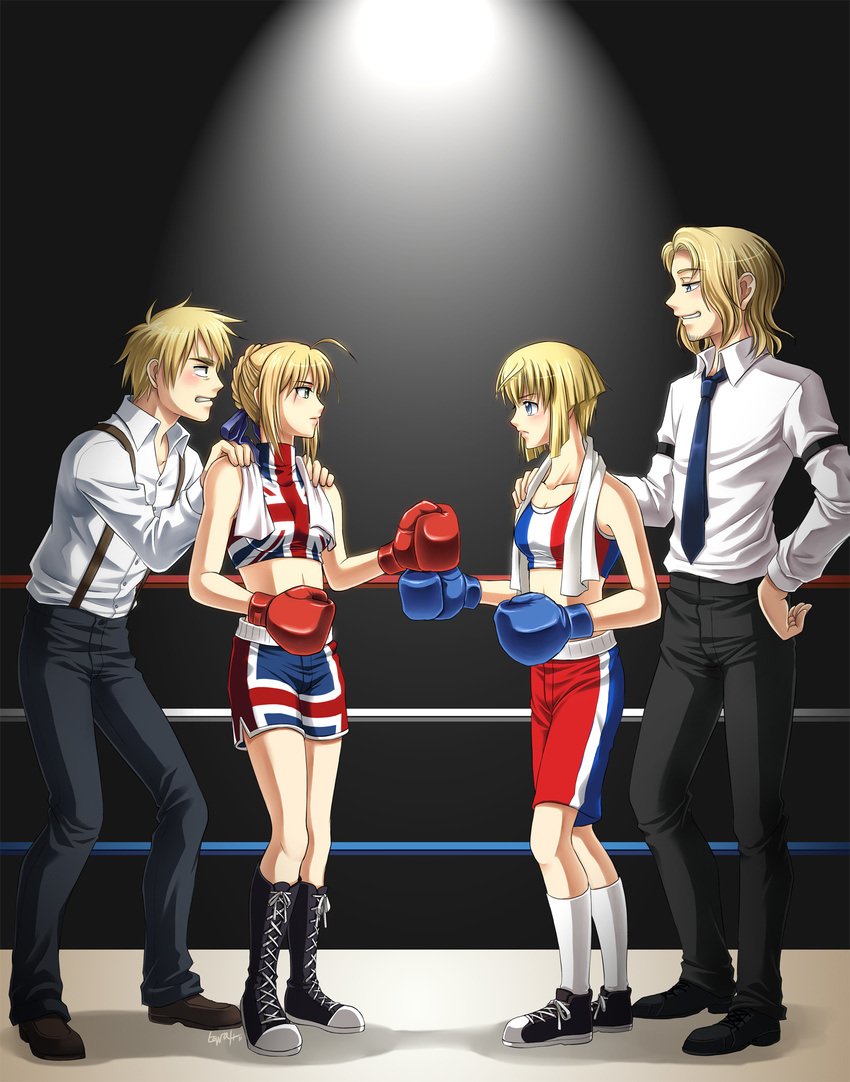 ahoge arena axis_powers_hetalia blond blonde_hair blue_eyes boxing boxing_ring epic fate/stay_night fate_(series) france_(hetalia) gloves green_eyes highres jeanne_d'arc jeanne_d'arc level-5 saber short_hair shorts sports_bra towel union_jack united_kingdom_(hetalia)