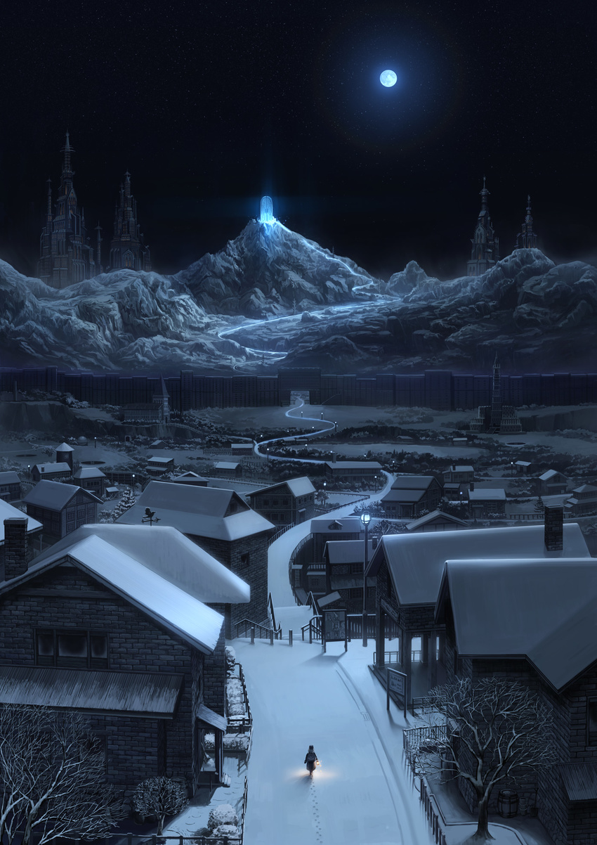 bare_tree city defensive_wall footprints fo~do full_moon gate glowing highres holding_lantern house lamppost landscape lantern moon mountain night night_sky original outdoors road scenery sky snow solo star_(sky) starry_sky tower town tree wall winter