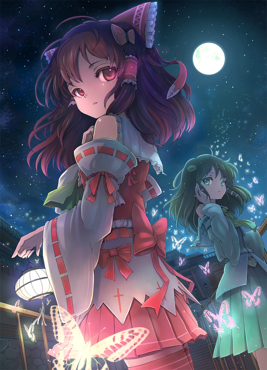 adapted_costume ahoge bad_id bad_pixiv_id bare_shoulders bow brown_hair bug butterfly butterfly_hair_ornament colored_eyelashes cross detached_sleeves eyelashes from_below full_moon glowing green_eyes green_hair hair_ornament hakurei_reimu hand_on_ear highres insect kochiya_sanae lantern moon multiple_girls night night_sky pinky_out pleated_skirt red_eyes sanntouhei skirt sky star_(sky) starry_sky thighhighs torii touhou zettai_ryouiki