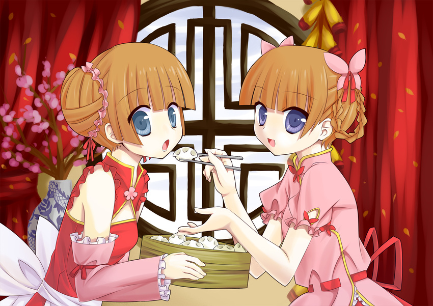 bamboo_steamer blue_eyes brown_hair bug butterfly chopsticks detached_sleeves dumpling feeding food hair_bun hair_ornament highres insect jiaozi multiple_girls new_year open_mouth original round_window silver15 smile window