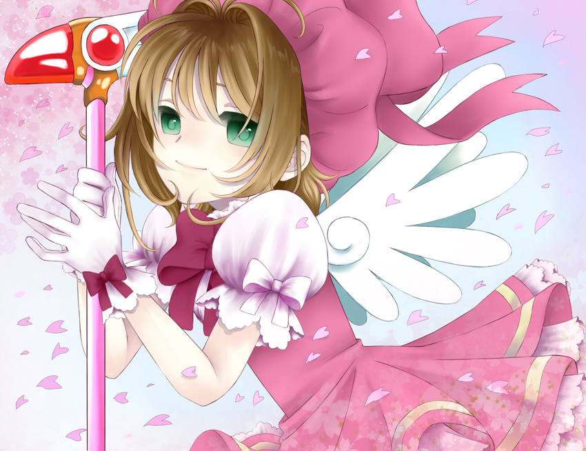 akimaro bad_id bad_pixiv_id brown_hair cardcaptor_sakura cherry_blossoms dress fuuin_no_tsue glove_bow gloves green_eyes hat kinomoto_sakura magical_girl petals pink_hat solo wand white_gloves wings