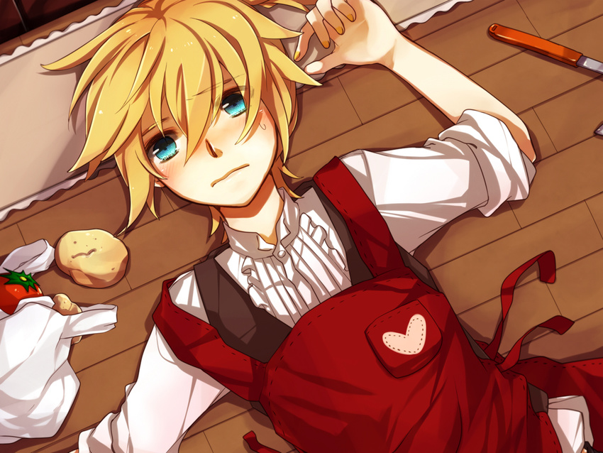 apron blonde_hair blue_eyes blush food frown indoors kagamine_len knife lying male male_focus mukkun nail_polish on_back potato short_hair solo sweatdrop tomato vocaloid