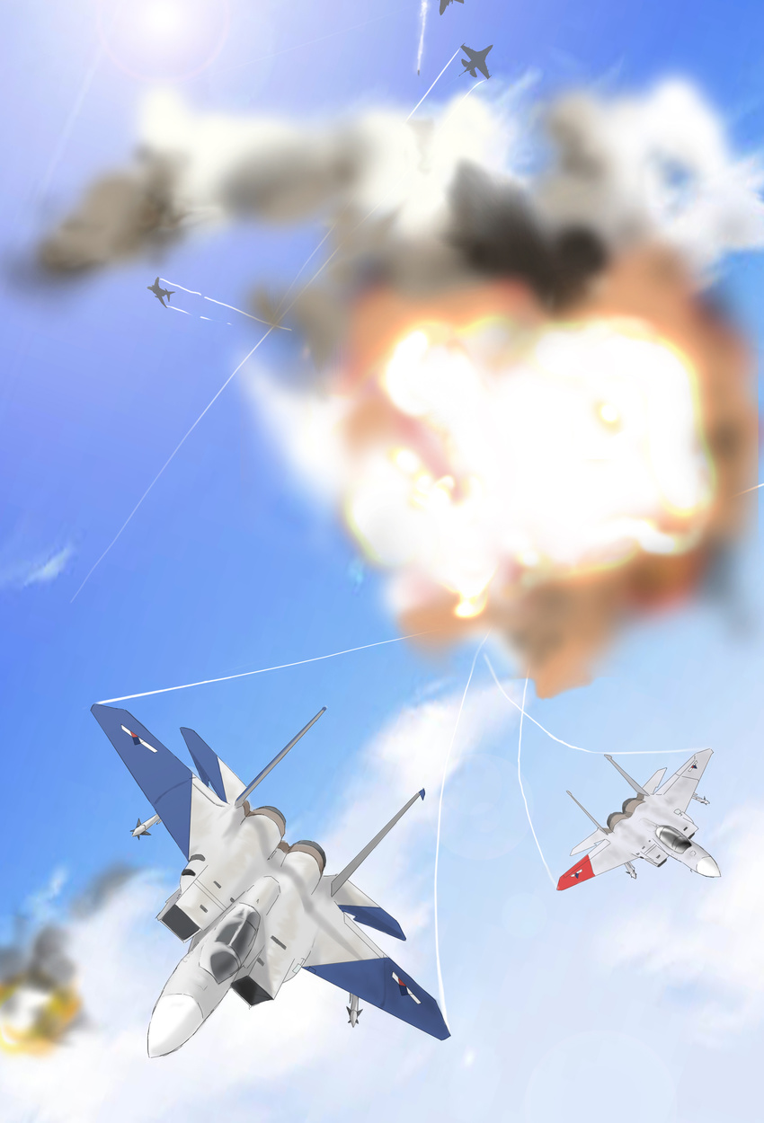 ace_combat ace_combat_zero aerial_battle aircraft airplane bad_id bad_pixiv_id battle cloud condensation_trail day explosion f-15_eagle fighter_jet flugel flying highres jet military military_vehicle missile no_humans sky