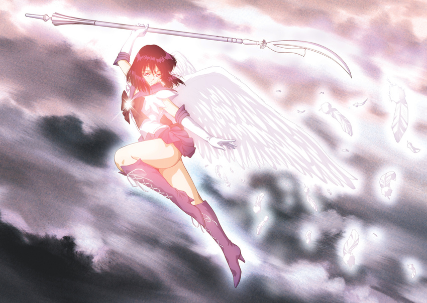 absurdres angel_wings ass bishoujo_senshi_sailor_moon boots cloud clouds feathers glaive highres hino_ryutaro knee_boots polearm sailor_saturn shiny sky tomoe_hotaru weapon wings