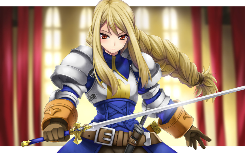 agrias_oaks armor belt blonde_hair braid dagger final_fantasy final_fantasy_tactics gloves highres hotori_(sion) long_hair red_eyes solo sword upper_body wallpaper weapon