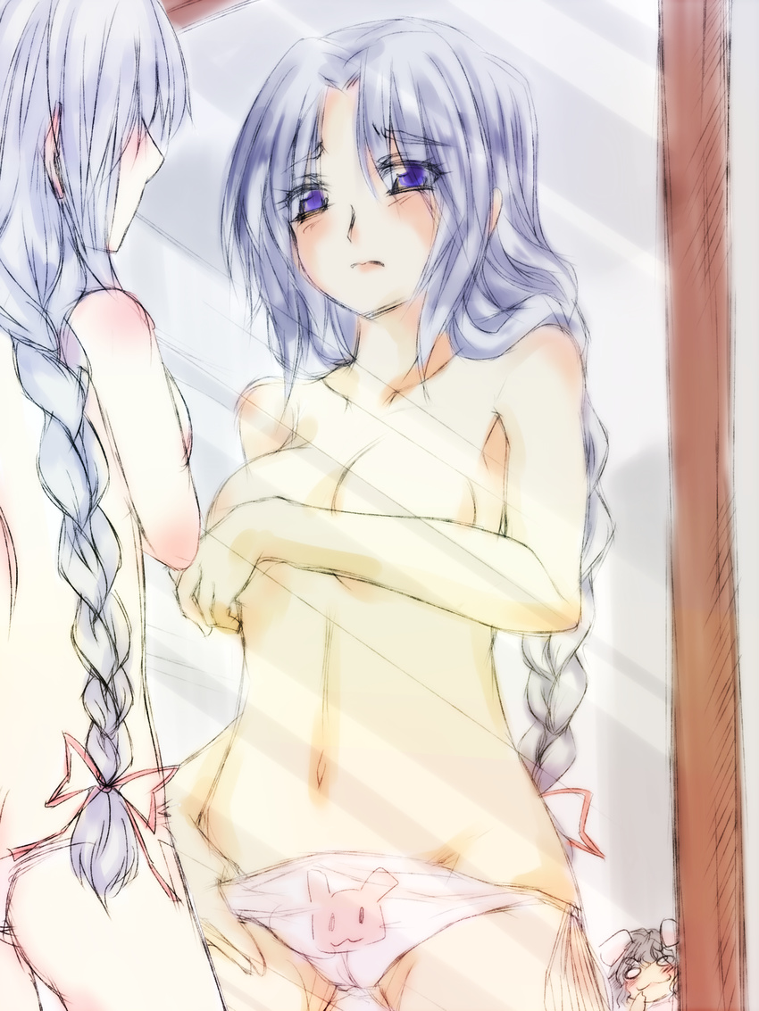 :3 animal_ears blue_eyes braid bunny_ears cameltoe collarbone covering covering_breasts diract front-print_panties hair_ribbon highres inaba_tewi long_hair mirror multiple_girls navel no_hat no_headwear o_o panties print_panties purple_eyes reflection ribbon silver_hair topless touhou underwear underwear_only yagokoro_eirin