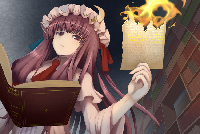 book crescent fire hat long_hair patchouli_knowledge purple_eyes purple_hair shiro-inu solo touhou