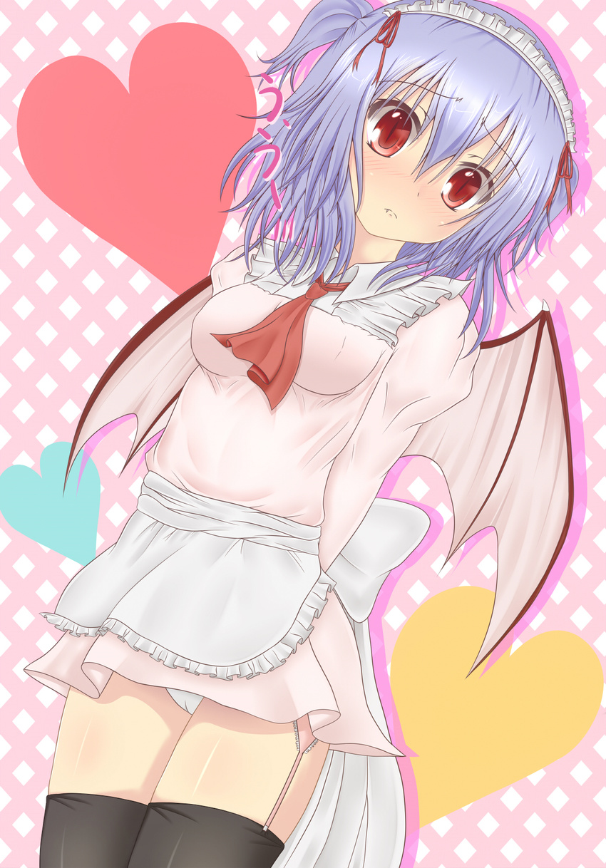 alternate_hairstyle argyle argyle_background arms_behind_back bad_id bad_pixiv_id bat_wings black_legwear blue_hair blush fang heart highres red_eyes remilia_scarlet short_hair short_twintails slit_pupils solo thighhighs toranashi touhou twintails waitress wings