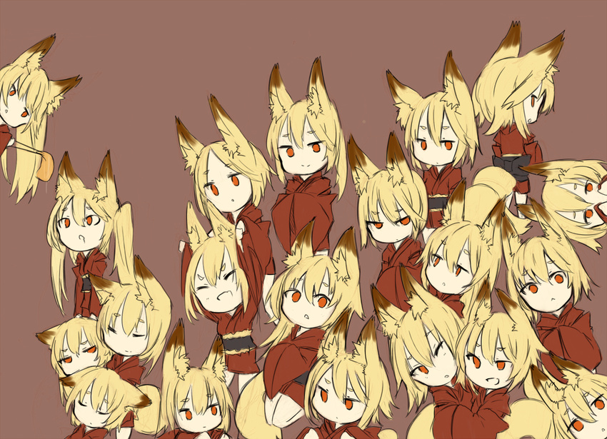 :o animal_ears bad_id bad_pixiv_id blonde_hair brown_background character_request chopsticks clenched_teeth closed_eyes copyright_request expressionless food fox_ears fox_tail ganesagi hakama highres japanese_clothes jitome kitsune long_sleeves looking_at_viewer multiple_girls multiple_persona obi open_mouth red_eyes sash simple_background tail teeth too_many wince