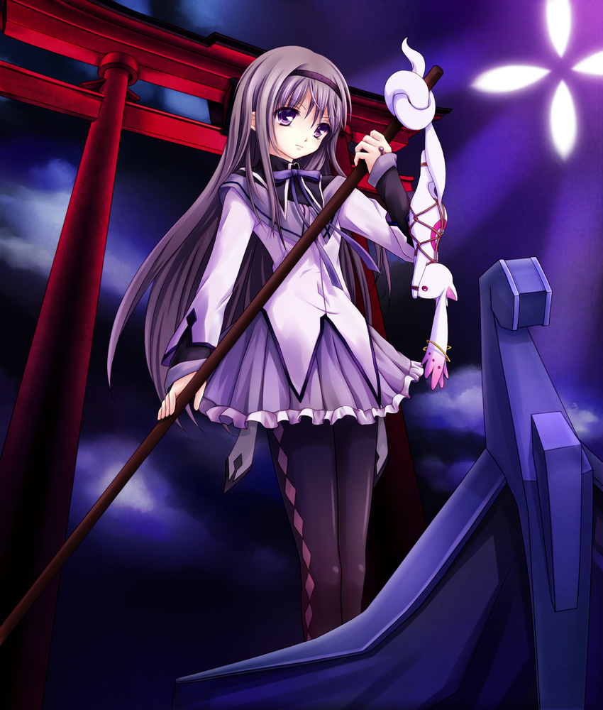 absurdres akemi_homura amber_(nickynike) bad_id bad_pixiv_id bdsm boat bondage bound gohei hairband highres jigoku_shoujo kyubey long_hair magical_girl mahou_shoujo_madoka_magica night pantyhose parody purple_skirt skirt torii watercraft