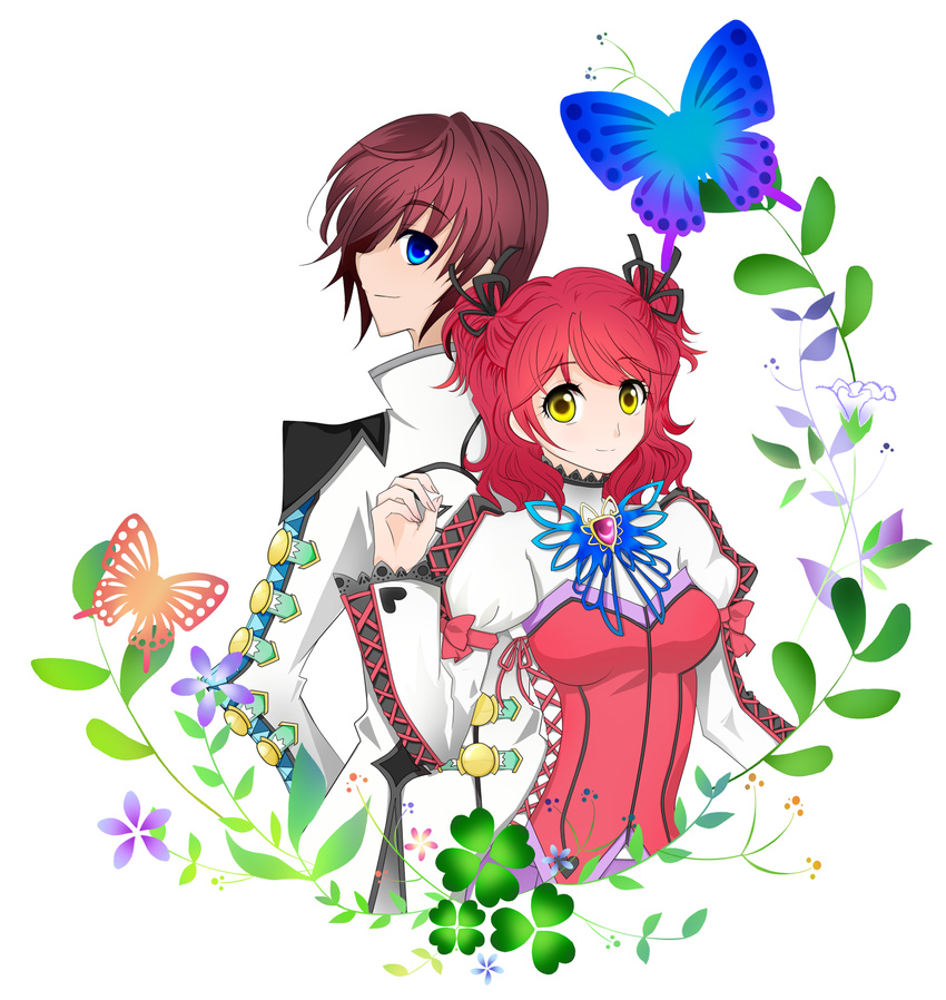 1girl asbel_lhant blue_eyes bow brooch brown_hair buckle bug butterfly cheria_barnes clover coat flower four-leaf_clover heart highres insect jewelry red_hair ribbon short_hair short_twintails simple_background smile tales_of_(series) tales_of_graces twintails yellow_eyes yuzu_koneko