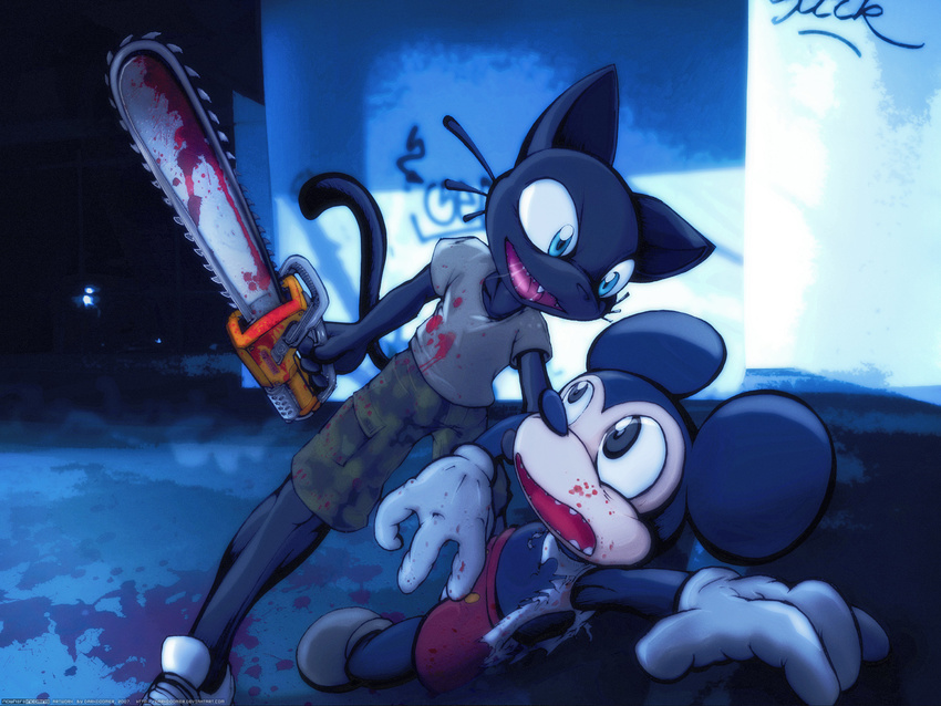 4:3 and_nothing_of_value_was_lost blood cat chainsaw combat darkdoomer disney drool feline guro hi_res insane kill male mickey_mouse miw parody rodent saliva splatter violence wallpaper weapon