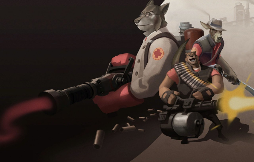 2009 games heavy_(team_fortress_2) is_credit_to_team male medic_(team_fortress_2) medigun minigun nanogrrr sniper_(team_fortress_2) splash_screen team_fortress_2 valve weapon what