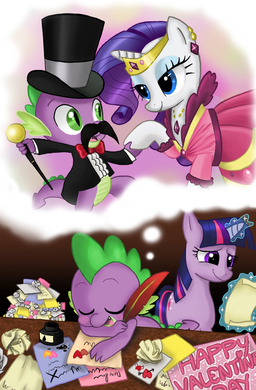 blue_eyes bow bow_tie cane dragon dream equine eyeshadow facial_hair feather female feral friendship_is_magic green_eyes hair hat holidays horn ink letters mail makeup male mammal mustache my_little_pony paper purple_eyes purple_hair quill rarity_(mlp) scalie sleeping spike_(mlp) top_hat twilight_sparkle_(mlp) unicorn unknown_artist valentine's_day