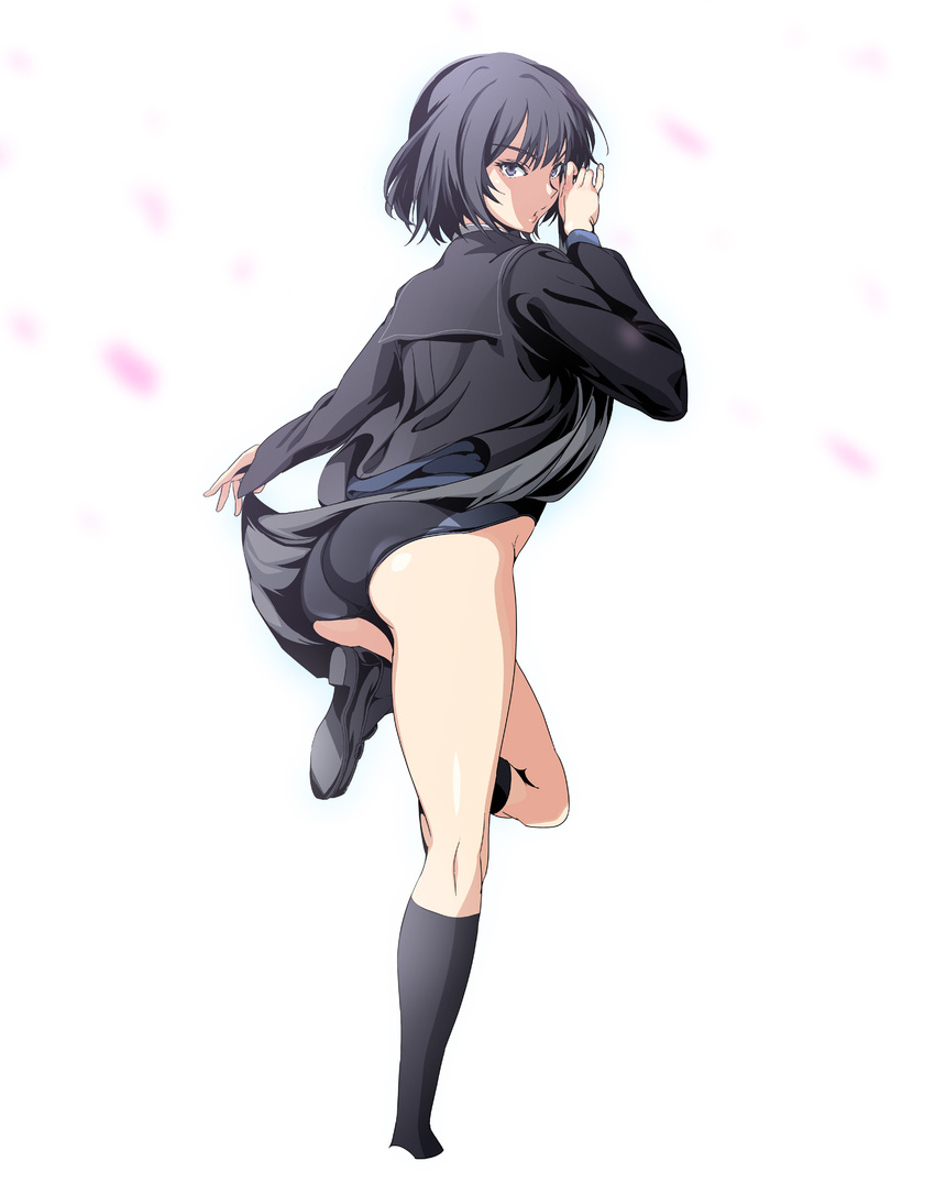 amagami ass black_eyes black_hair blush competition_swimsuit from_behind highres kibito_high_school_uniform long_sleeves looking_back nanasaki_ai one-piece_swimsuit open_mouth school_uniform shino_(comic_penguin_club) short_hair socks solo swimsuit swimsuit_under_clothes