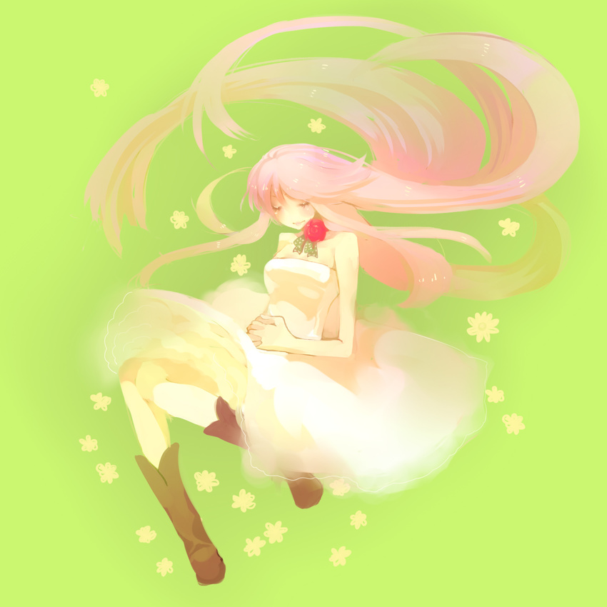 bad_id bad_pixiv_id bare_shoulders boots closed_eyes dress flower full_body highres long_hair megurine_luka nicohi no_nose pink_hair red_flower red_rose rose simple_background sleeveless solo vocaloid white_dress