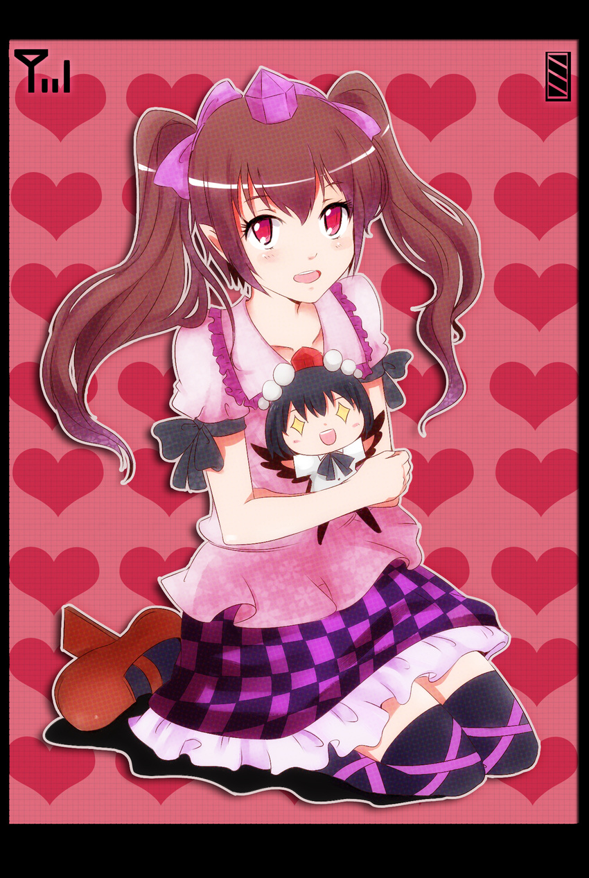 bad_id bad_pixiv_id black_hair black_legwear blush brown_hair cellphone character_doll checkered checkered_skirt doll geta hat highres himekaidou_hatate kusayusaai long_hair looking_at_viewer necktie open_mouth phone red_eyes screen shameimaru_aya short_hair skirt solo tengu-geta thighhighs tokin_hat touhou twintails wings