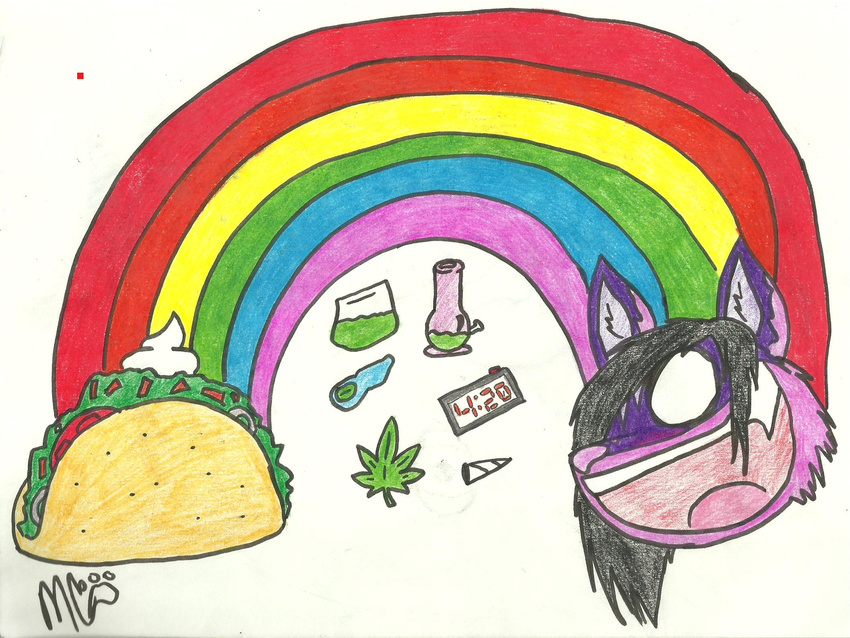 4:20 bong bowl canine coyote drugs hi_res joint leaf mammal marijuana neechee plain_background purple rainbow taco weed white_background white_eyes