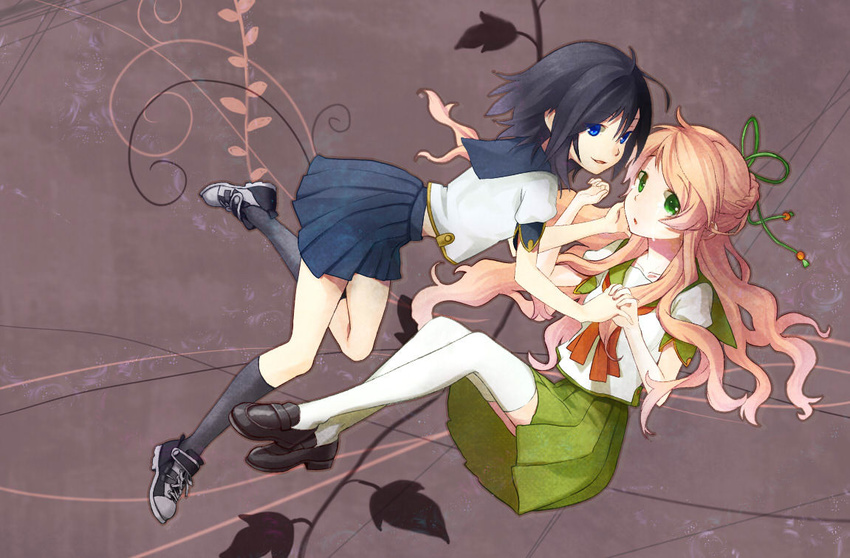 black_hair black_legwear blonde_hair blue_eyes green_eyes hand_on_another's_cheek hand_on_another's_face holding_hands kanan_(karehane) kneehighs leaf light_smile logo multiple_girls original pleated_skirt school_uniform serafuku short_hair skirt tears thighhighs wavy_hair white_legwear yuri