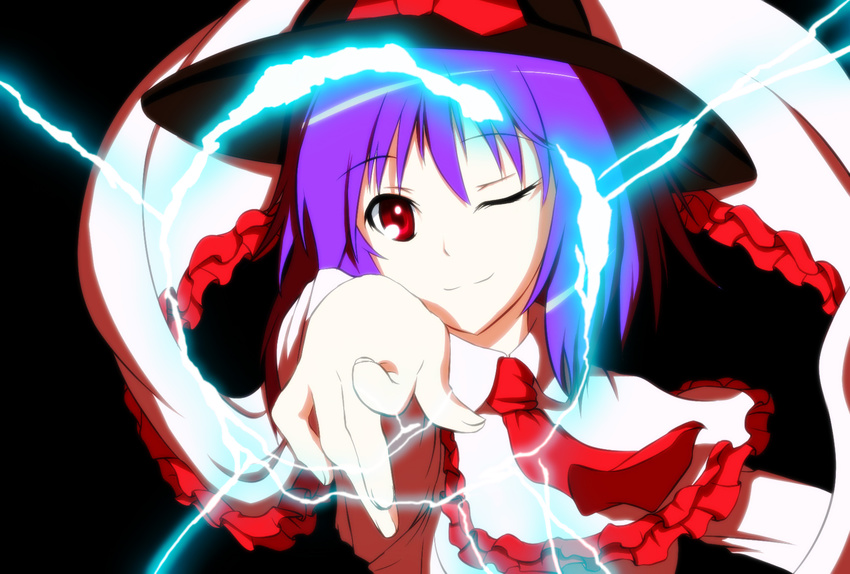 ascot bad_id bad_pixiv_id biribiri electricity frills gsn_(nocturne) hat highres looking_at_viewer misaka_mikoto nagae_iku one_eye_closed parody pointing pointing_at_viewer power_connection purple_hair red_eyes shawl short_hair simple_background smile solo to_aru_kagaku_no_railgun to_aru_majutsu_no_index touhou