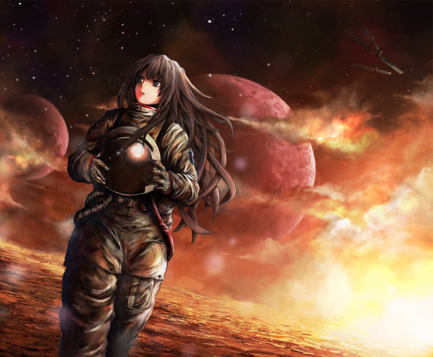 astronaut bad_id bad_pixiv_id banned_artist black_eyes brown_hair cloud helmet highres long_hair original planet satellite science_fiction seafh sky solo space spacesuit