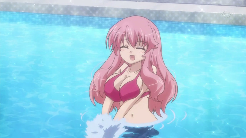 baka_to_test_to_shoukanjuu bra breasts busty cap himeji_mizuki long_hair pink_hair pool smile solo swimsuit water