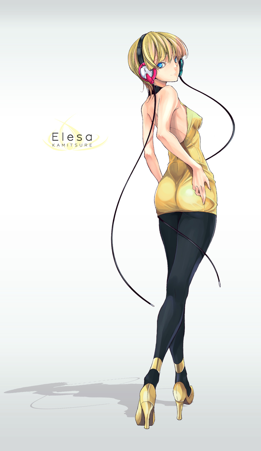 absurdres ass backless_outfit bad_id bad_pixiv_id bare_back bare_shoulders black_legwear blonde_hair blue_eyes breasts covered_nipples crossed_legs from_behind fukai_ryousuke full_body headphones high_heels highres kamitsure_(pokemon) legs light_smile looking_back medium_breasts pantyhose pokemon pokemon_(game) pokemon_bw revision shadow shoes short_hair simple_background solo standing watson_cross