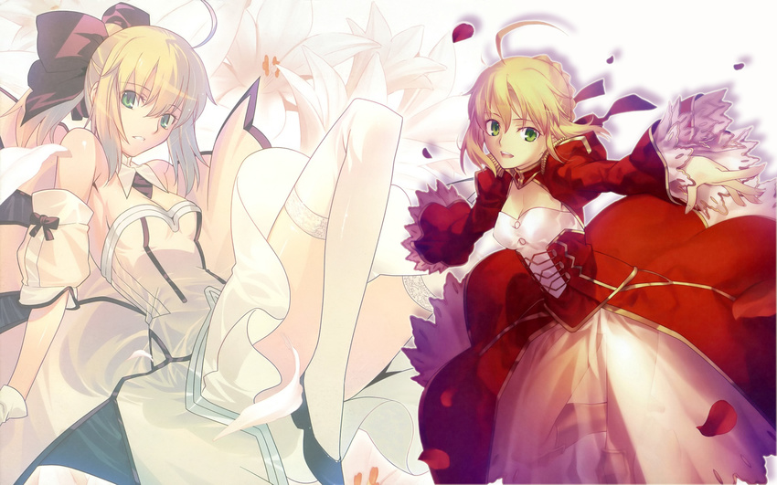 ahoge artoria_pendragon_(all) bare_shoulders blonde_hair boots bow braid breasts cleavage detached_sleeves dress epaulettes fate/extra fate/stay_night fate/unlimited_codes fate_(series) flower gloves green_eyes hair_bow highres knee_boots lily_(flower) medium_breasts multiple_girls nero_claudius_(fate) nero_claudius_(fate)_(all) open_mouth outstretched_arm petals ponytail saber saber_lily see-through takeuchi_takashi thighhighs wallpaper white_legwear