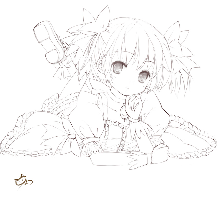 bow choker ephtracy gloves greyscale hair_bow highres jewelry kaname_madoka legs_up lineart lying mahou_shoujo_madoka_magica monochrome on_stomach pendant puffy_sleeves shoes short_hair short_twintails skirt solo twintails