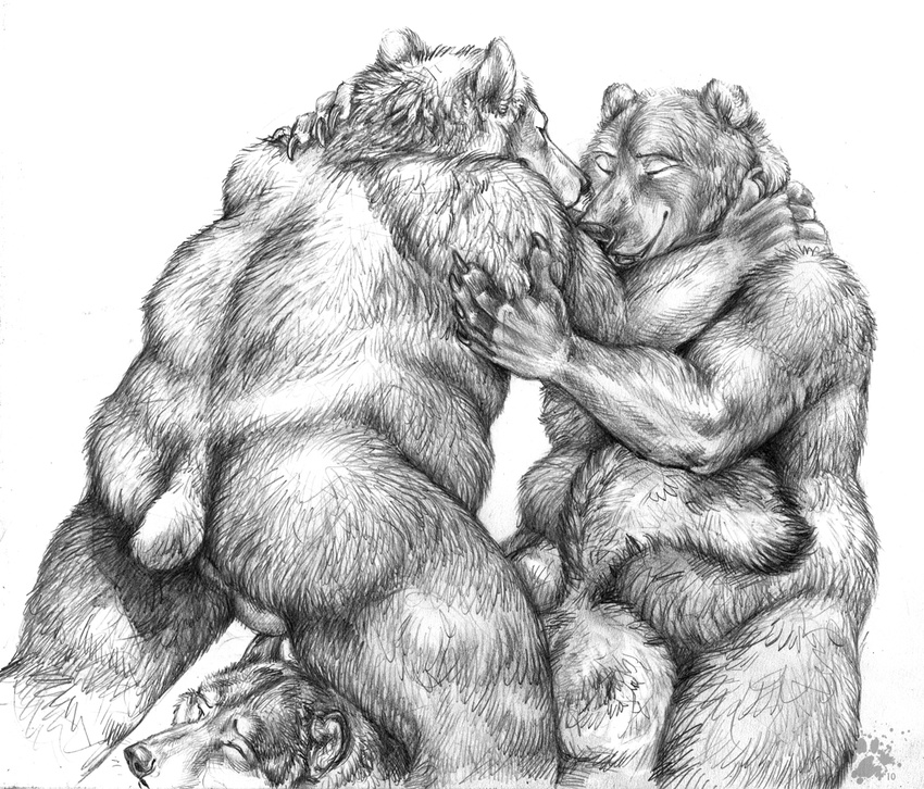 bear blotch canine chubby dog fat gay greyscale group group_sex male mammal monochrome obese oral overweight penetration plain_background sex spitroast threesome two white_background