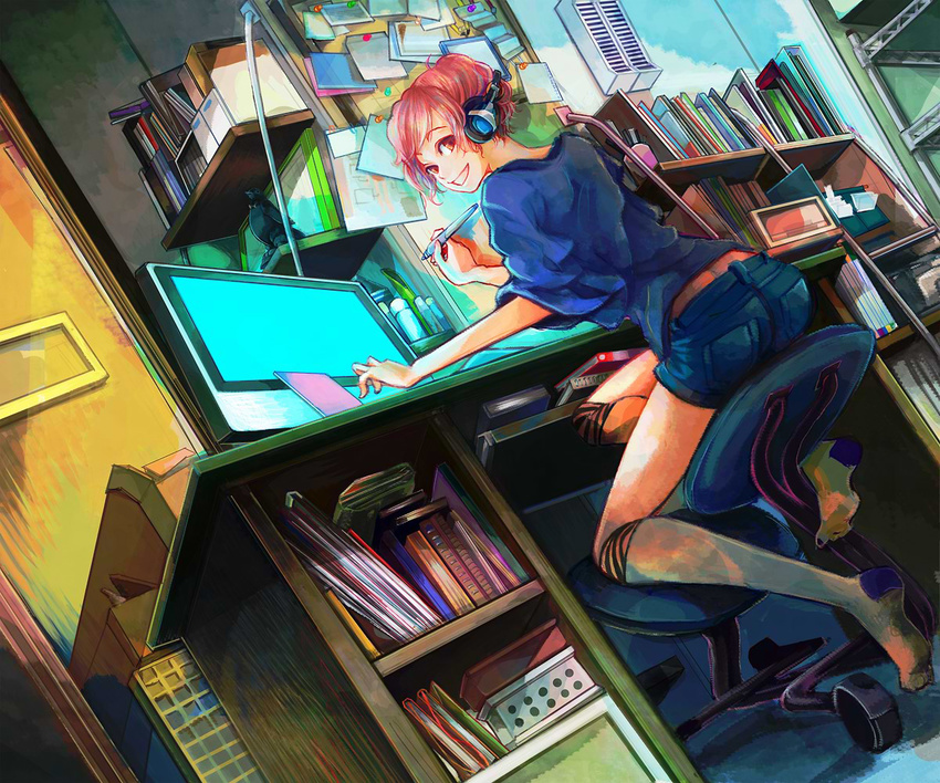:d bookshelf chair desk dutch_angle from_below hair_up headphones looking_back manpen monitor oekaki_musume office_chair open_mouth original pink_hair room shorts sitting smile solo stylus