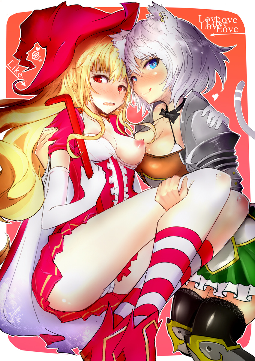 animal_ears blush breasts earrings elbow_gloves fu_(counting01) gloves hat highres jewelry kneehighs medium_breasts multiple_girls nipples open_mouth original panties red_eyes saliva saliva_trail silver_hair small_breasts striped striped_legwear tongue underwear white_gloves white_panties yuri