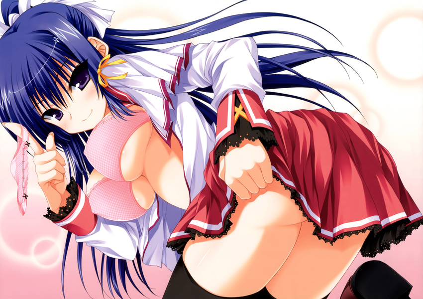 absurdres blue_eyes blue_hair blush bra breasts highres inuzumi_masaki large_breasts lingerie long_hair long_sleeves looking_at_viewer saotome_rinko skirt skirt_lift smile solo thighhighs trouble@spiral! underboob underwear