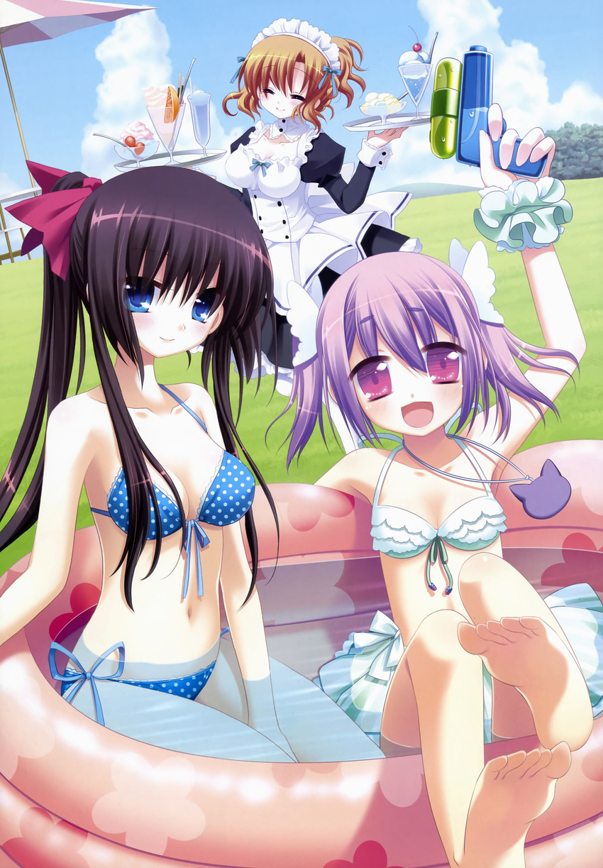 absurdres bad_feet barefoot bikini blue_eyes breasts brown_hair cherry cleavage closed_eyes dengeki_hime drink feet food front-tie_top fruit highres hinayuki_usa ice_cream koi_pure long_hair maid medium_breasts multiple_girls navel open_mouth partially_submerged polka_dot polka_dot_bikini polka_dot_swimsuit ponytail purple_eyes purple_hair sakurazawa_izumi short_hair short_twintails side-tie_bikini small_breasts smile soles swimsuit twintails wading_pool water water_gun